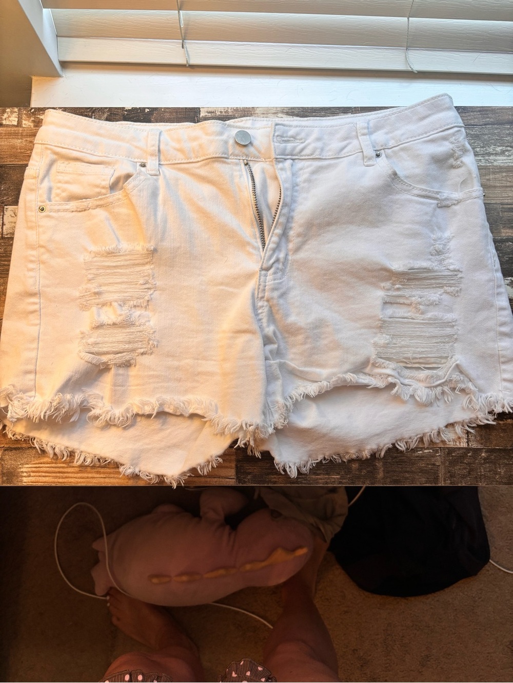 High-Rise Distressed White Denim Shorts - Women